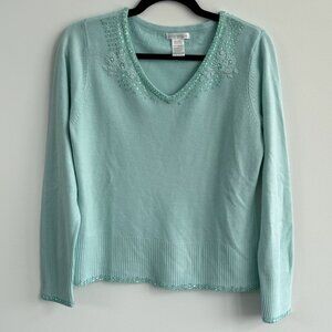 Light Blue Fitted Sweater with Beaded Embroidery